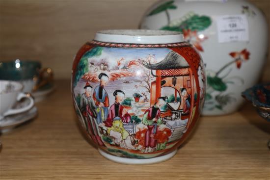 A 19th century Chinese famille verte jar, a shou medallion pot, a damaged teapot and a pedestal dish